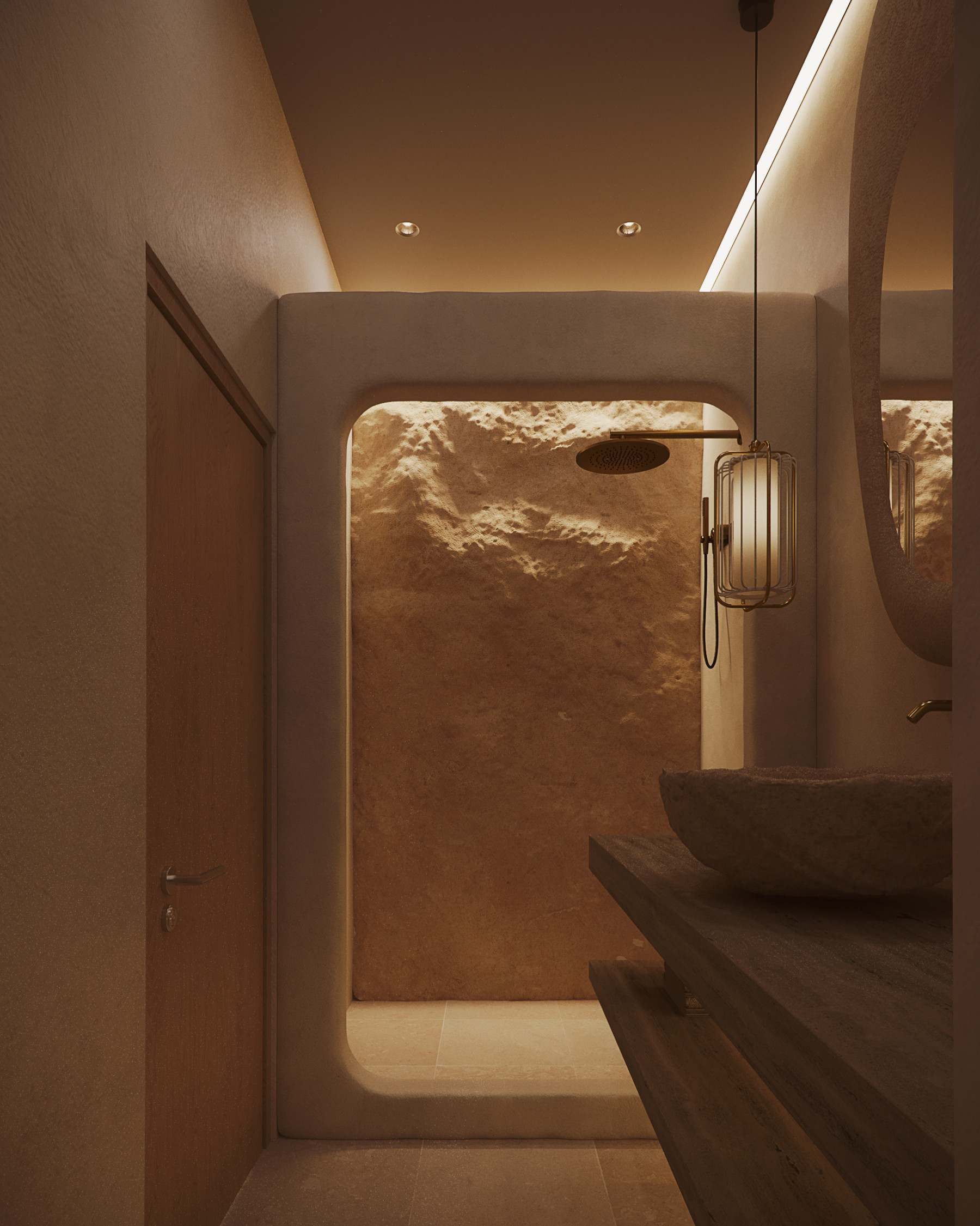 Rendering of a NEXUS bathroom with a stone-textured shower, rounded mirror and pendant lights
