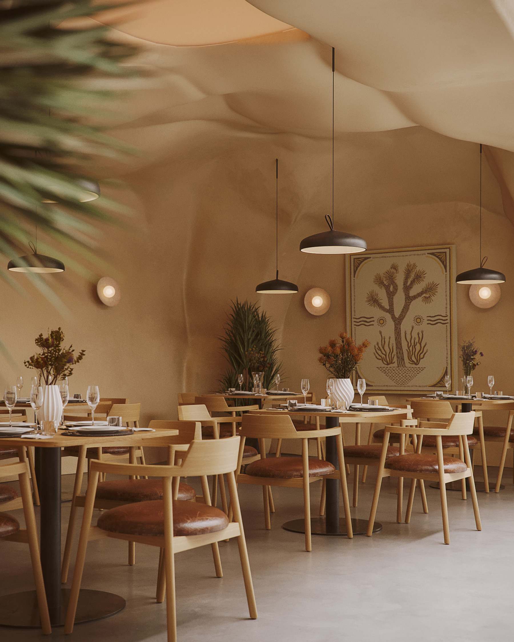 Rendering of the NEXUS dining room with wooden chairs, pendant lamps and a sculpted ceiling