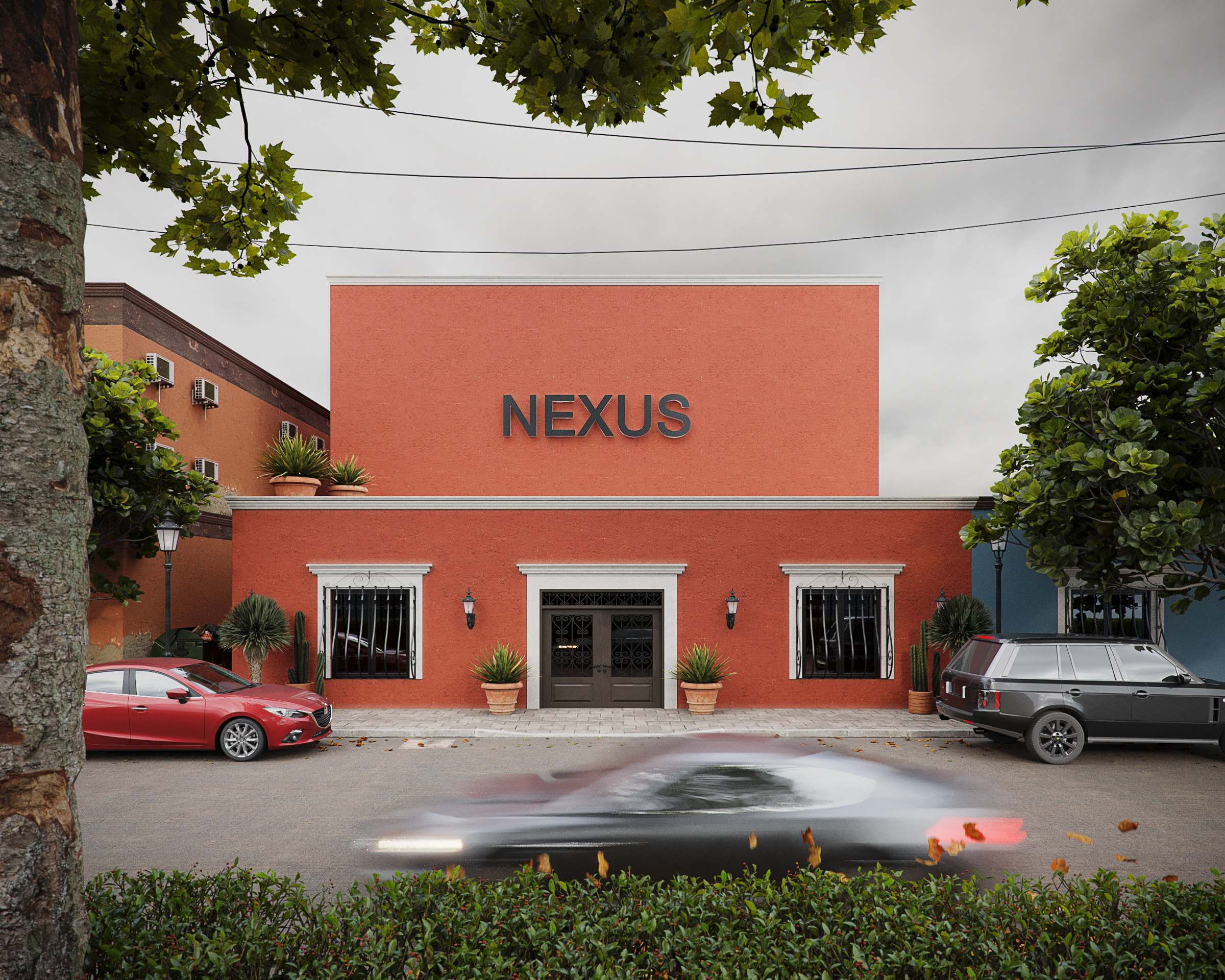 Rendering of the NEXUS facade in daylight, a terracotta building with the NEXUS name above the entrance