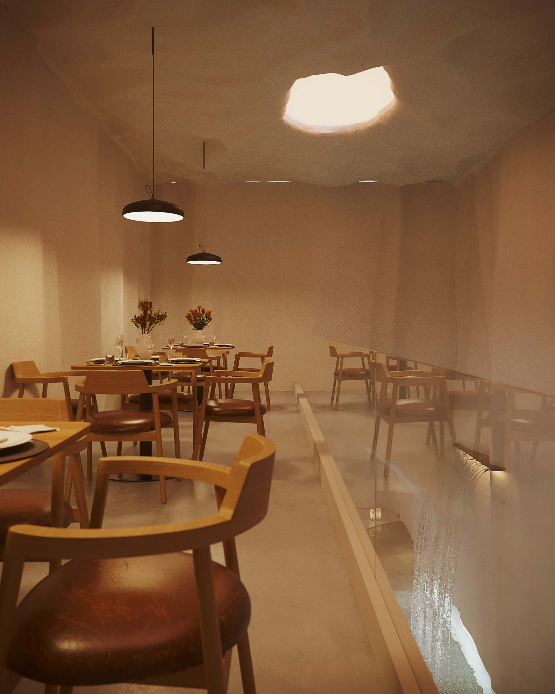 Rendering of the NEXUS dining hall with a pool channel running beside the tables under a skylight