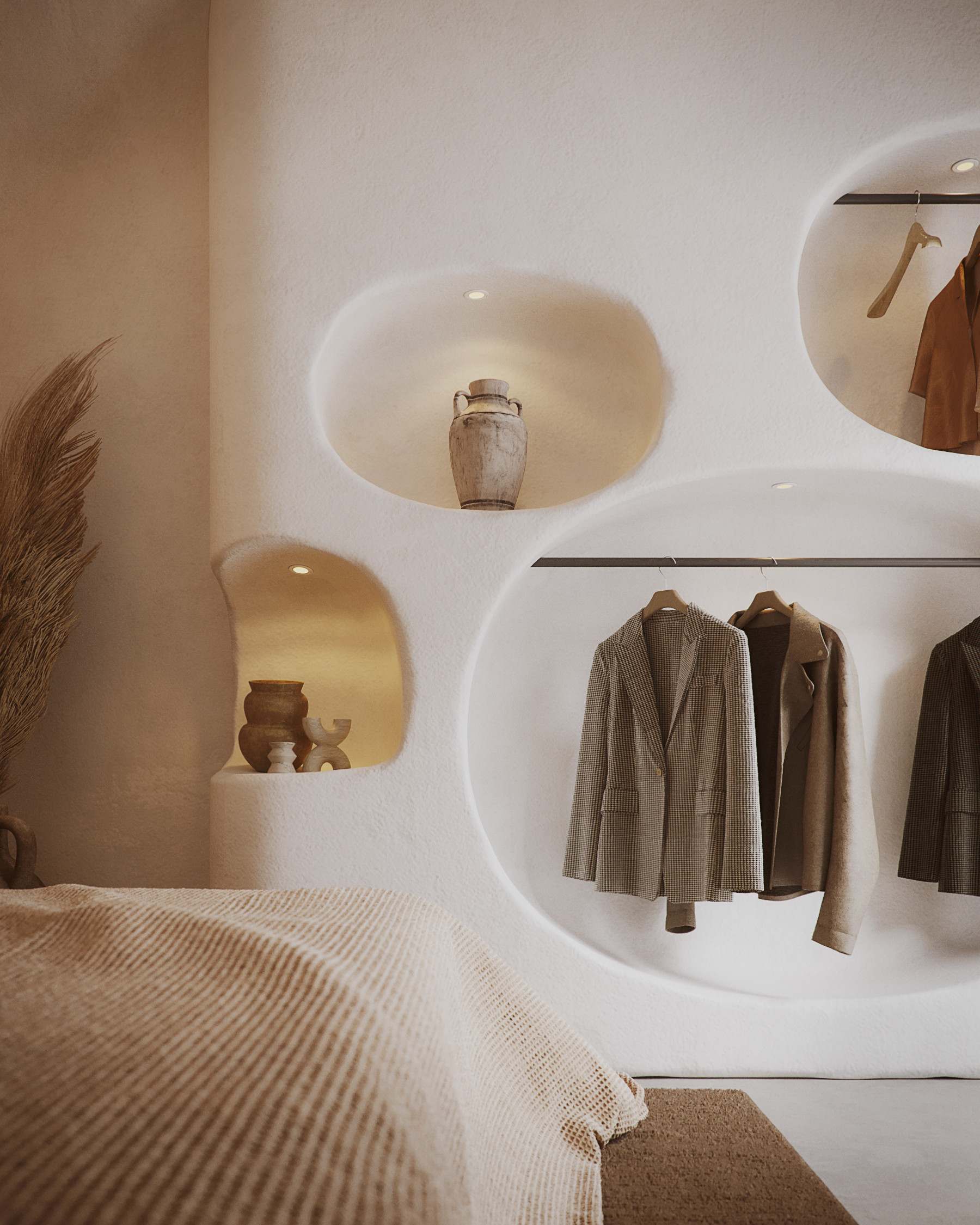 Rendering of a NEXUS guest room with rounded wall niches holding jackets and ceramics