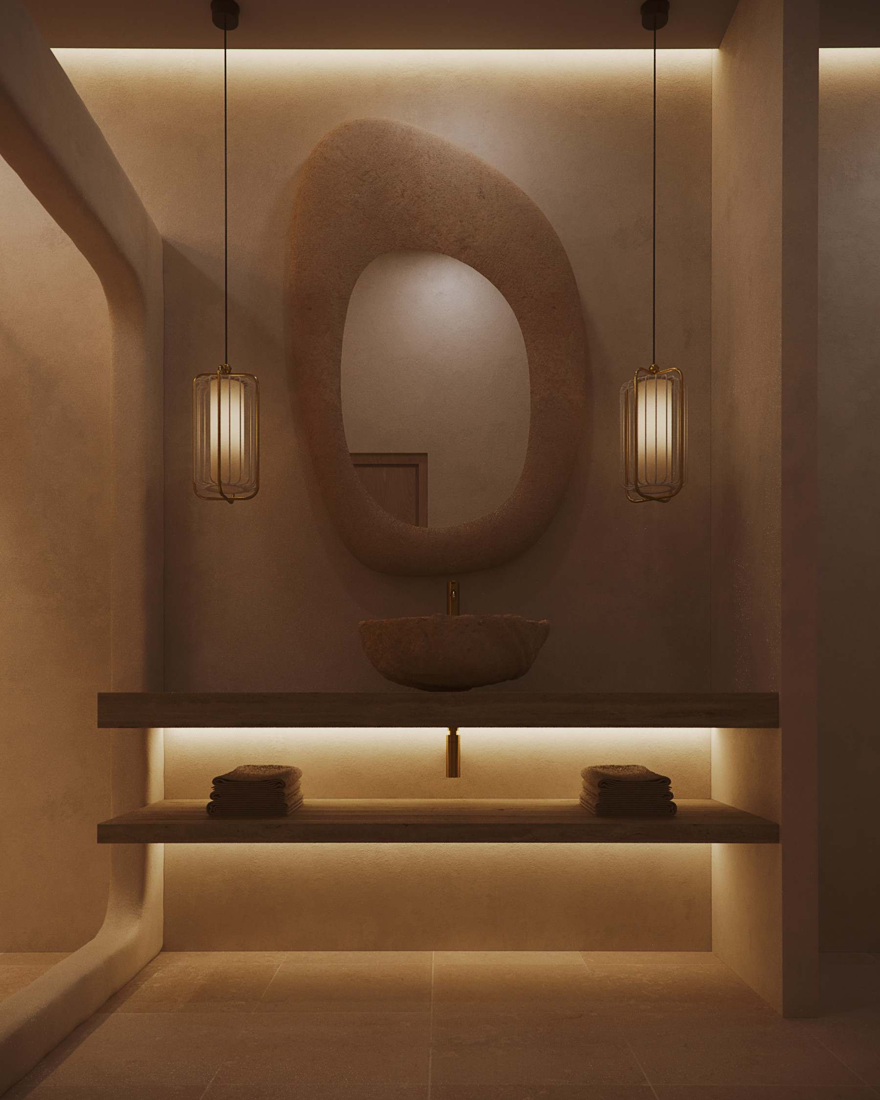 Rendering of a NEXUS bathroom with a stone vanity, oval mirror and warm shelf lighting