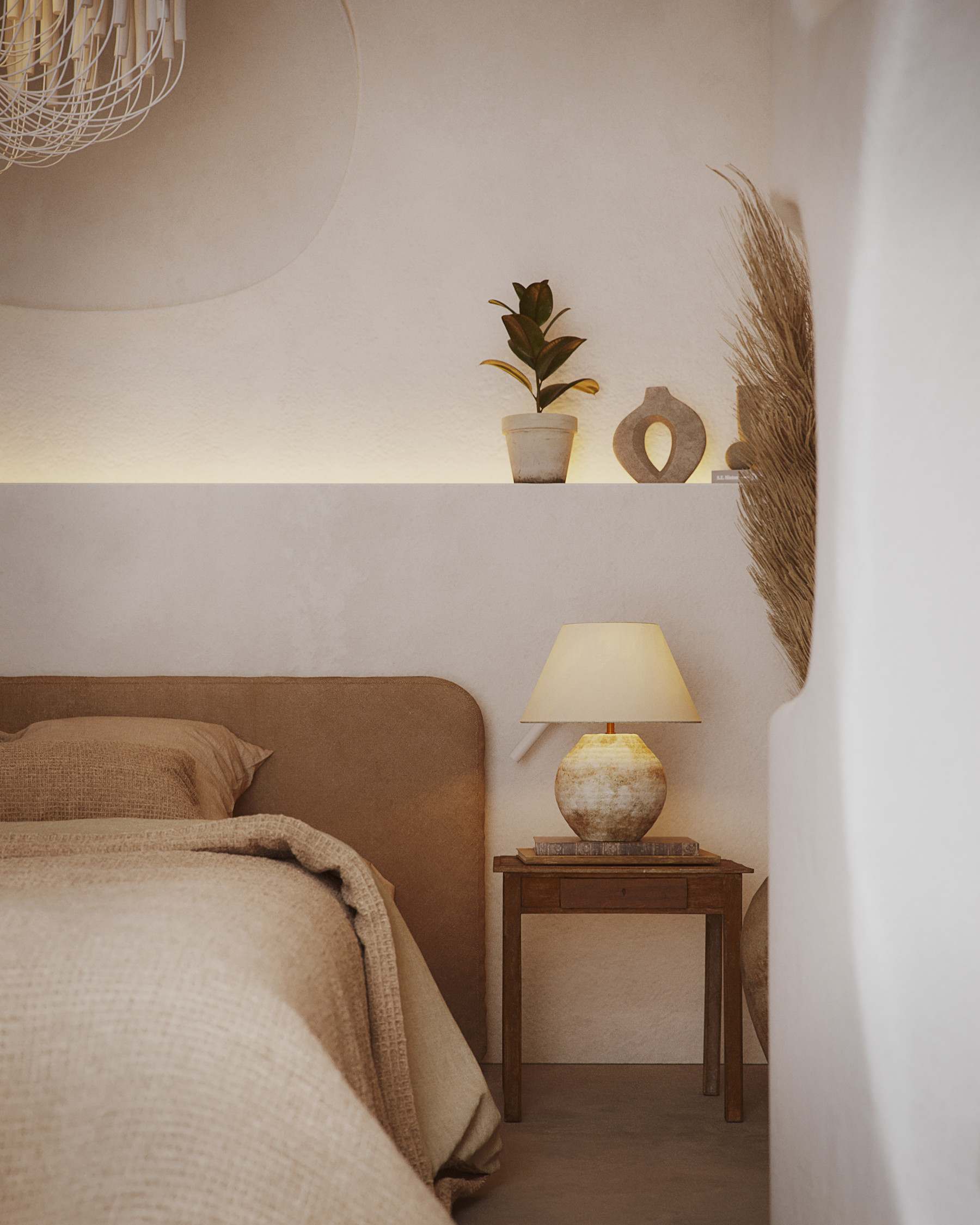 Rendering of a NEXUS bedside with a ceramic lamp, plant and pampas grass