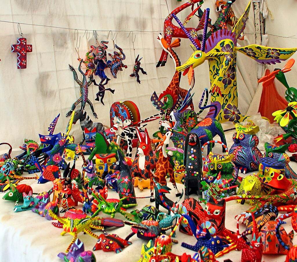 Brightly painted alebrije wood carvings in Oaxaca