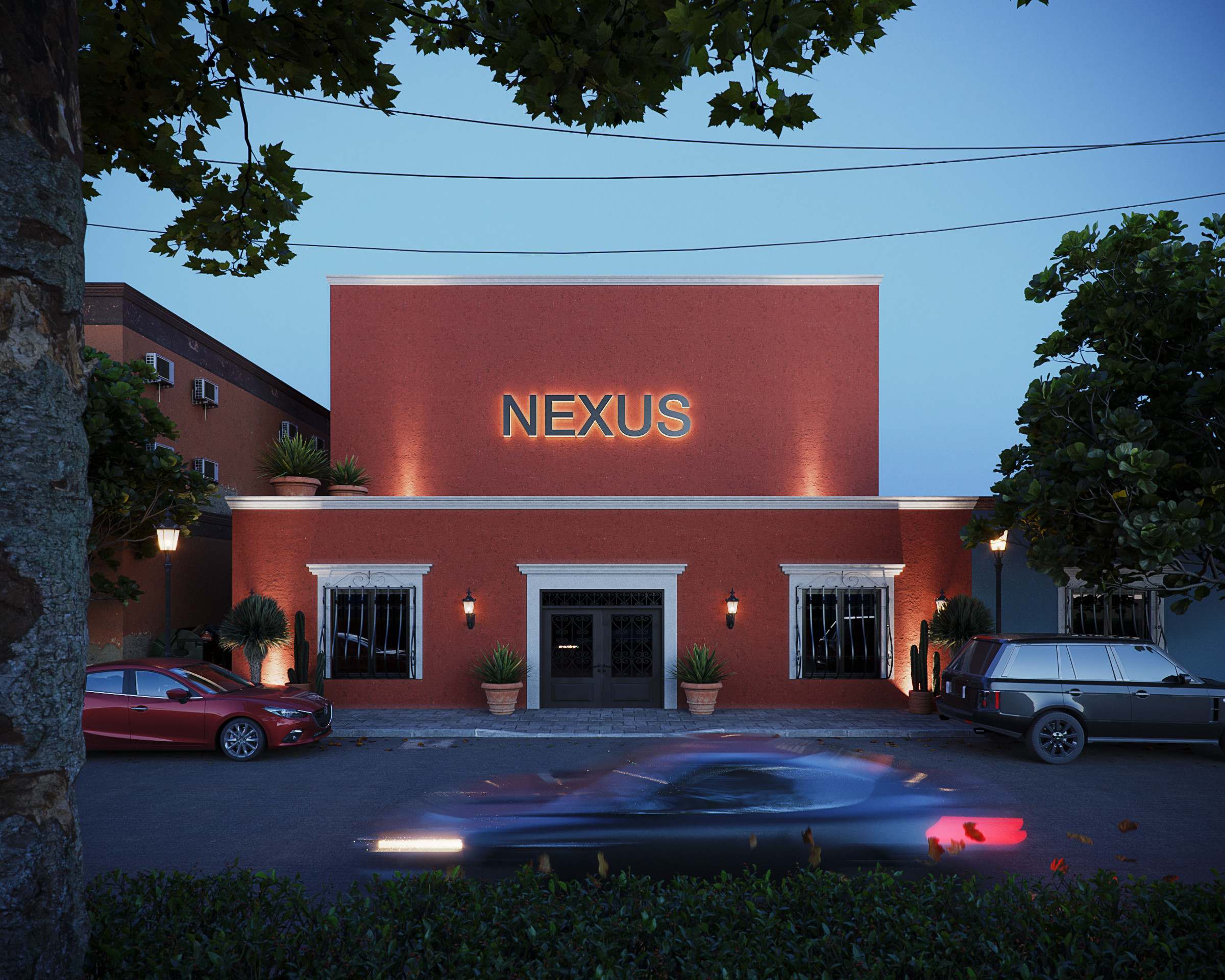 Rendering of the NEXUS facade at dusk, a terracotta building with the NEXUS name above the entrance
