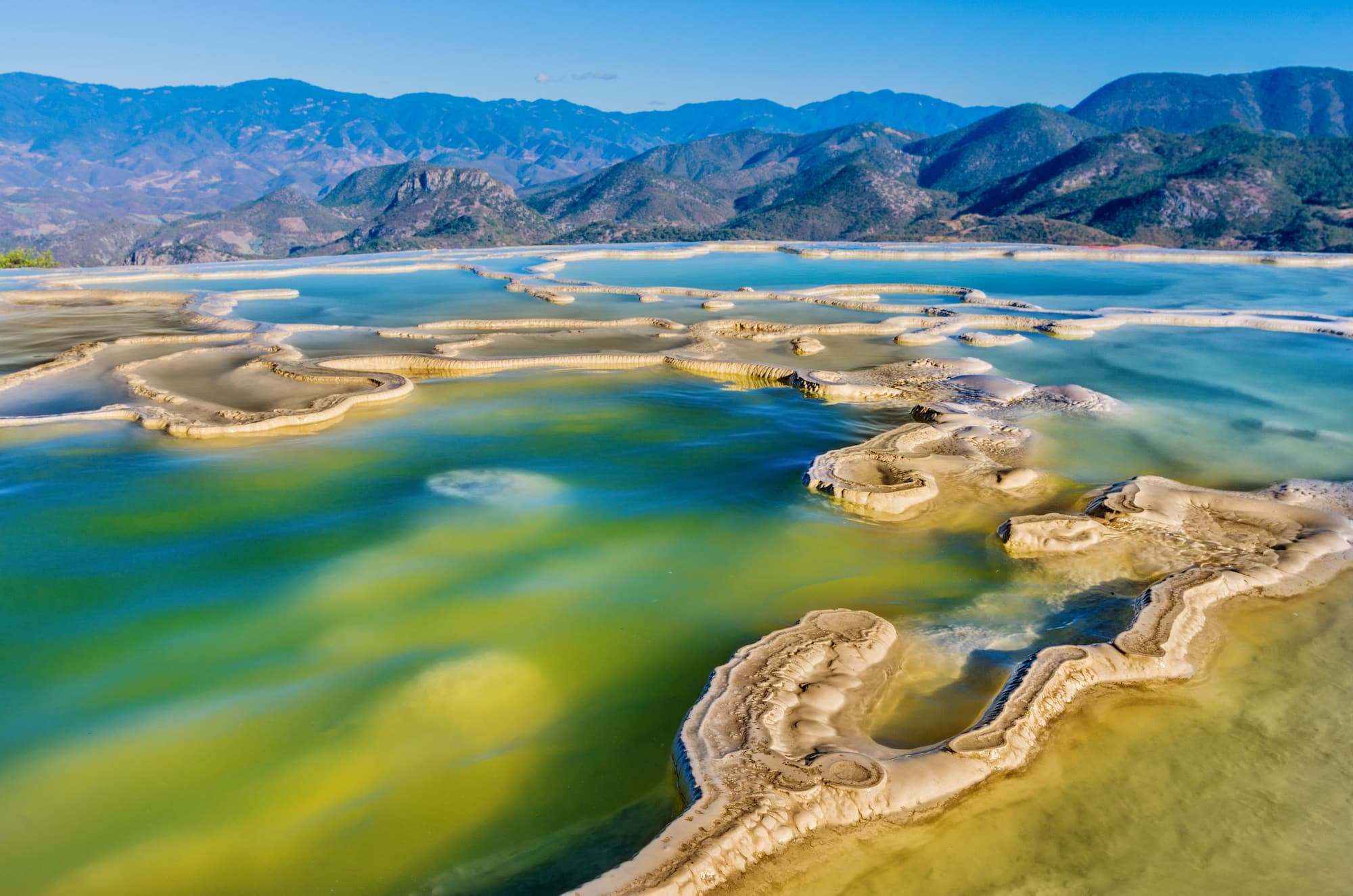 Aerial view of the mineral pools and rock formations at Hierve el Agua