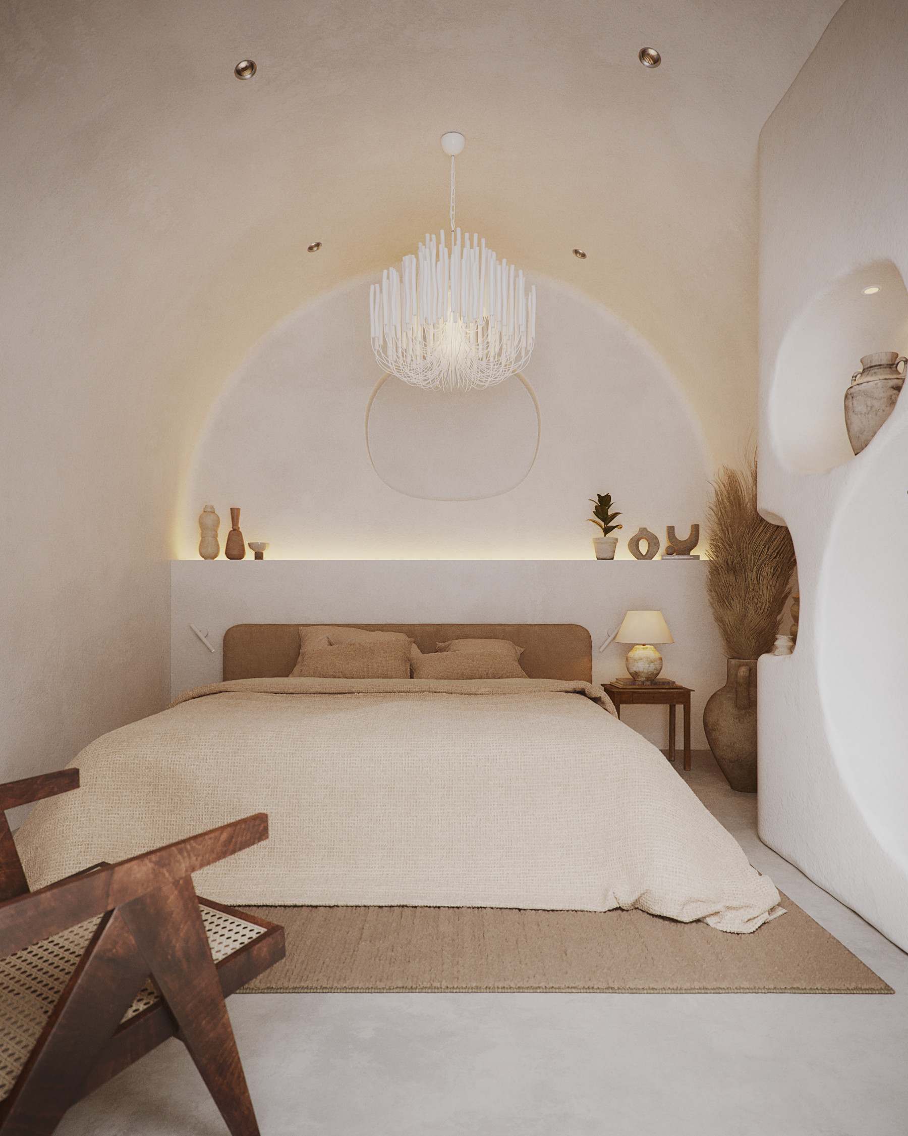 Rendering of a NEXUS guest room with an arched, cave-like alcove behind the bed