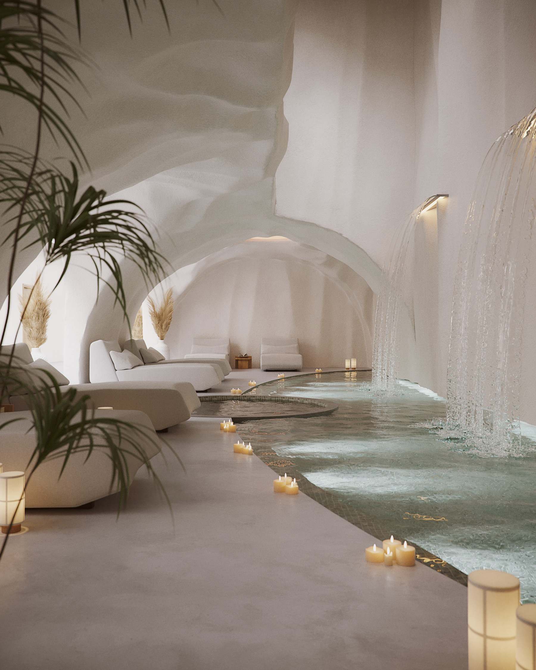 Rendering of the NEXUS pool, a spring-style pool with a waterfall under a cave-like ceiling